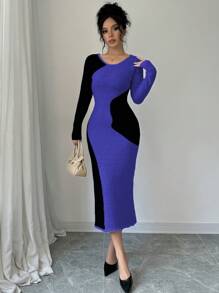 Elenzga Women Elegant Contrast Color Fitted Sweater Dress For Autumn/Winter - Blue - View 6