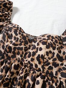 SHEIN VCAY Slim Fit Women Vacation Chiffon Leopard Print Short Sleeve Shirt - Brown - View 5