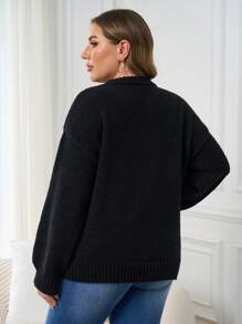 SHEIN EZwear 大码女式休闲日常天鹅图案落肩宽松立领毛衣，适合冬季秋季穿着。 - 黑色 - 查看 2