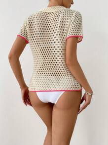 Women Ribbed Short Sleeve Single-Breasted Hollow Minimalist Cardigan Summer - Apricot - View 3