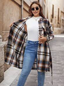 SHEIN VCAY Plus Size Fall/Winter Colorful Plaid Casual Mid-Length Belted Warm Coat - Red - View 5