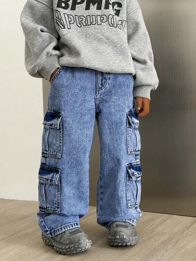 SHEIN Explorewe 年轻男孩牛仔裤，多口袋工装洗水直筒阔腿牛仔裤