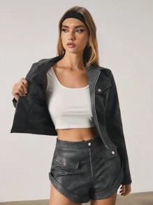 SHEIN Unity Women's Autumn Fashion Acid Washed Floral Pattern Cropped PU Jacket - Dark Grey - View 7