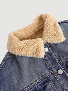 SHEIN 1 pièce Veste en jean à manches longues doublée avec col pour adolescentes, ample, couleurs bleu et abricot - Jean bleu - Voir 4