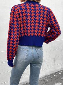 SHEIN LUNE Cardigan Wanita Kasual Sehari-hari Motif Houndstooth Warna Kontras dengan Kancing Depan, Musim Gugur/Dingin - Jeruk - View 2