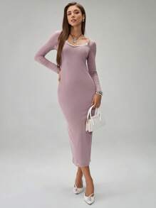 Chiquease Women Elegant Contrast Lace V-Neck Long Dress, Autumn Fall Cloth For Women