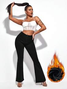 SHEIN Essnce Solid Color Skinny Fleece Casual All-Match Thanksgiving Outfit Christmas Outfit Women Flare Leg Jeans