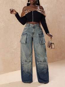 Slaydiva Women's Fashionable Ombre Wash Wide Leg Cargo Jeans