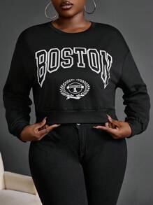 Maweii Sudadera de cuello crew informal para mujer talla grande con estampado de letras y hombros caídos de manga larga para otoño