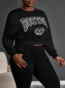 Maweii Sudadera de cuello crew informal para mujer talla grande con estampado de letras y hombros caídos de manga larga para otoño