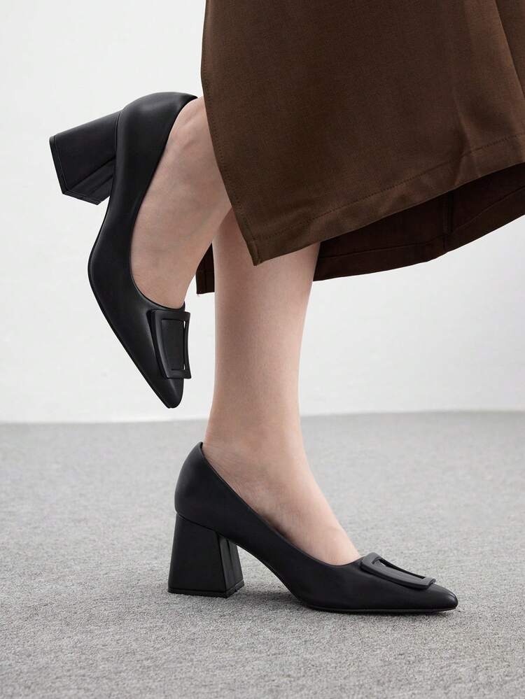 CUCCOO BIZCHIC Women's Fashionable Black Chunky High Heel Square Buckle Pointed Toe Work Pumps Spring Shoes Spring Break Easter