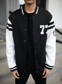 Manfinity Campus Court 男士休闲拼色字母印花羊毛棒球夹克，秋冬 - 黑與白 - 查看 5