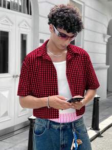 Manfinity VCAY 1 件装 男士 Y2K 服装趣味休闲时尚高街复古风格格子短款衬衫返校秋季服装万圣节服装 - 紅色 - 查看 4