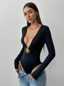 Aloruh 1pc Women Deep V Metal Button Decor Long Sleeve Bodysuit - Black - View 7