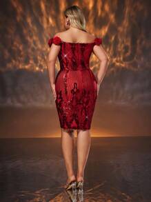 SHEIN Belle Plus Size Red Luxurious Sheer Sequin Off Shoulder Rose 3D Flower Elegant Cocktail Mini Dress, Wedding Guest Dress - Red - View 7