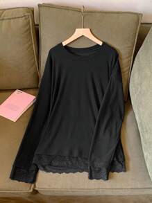 DAZY Women Casual Contrast Lace Simple Solid Round Neck Black Long Sleeve T-Shirt, Autumn,Fall Women Clothes - Black - View 7