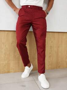 Manfinity Homme Men's Red Linen Texture Suit Pants, Suitable For Christmas Parties And Everyday Wear - Burgundy - View 4