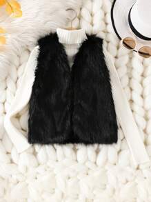 冬季少女蓬松背心，无袖纯色蓬松开衫，韩版时尚少女奢华外套，适合聚会和外出 - 黑色 - 查看 1