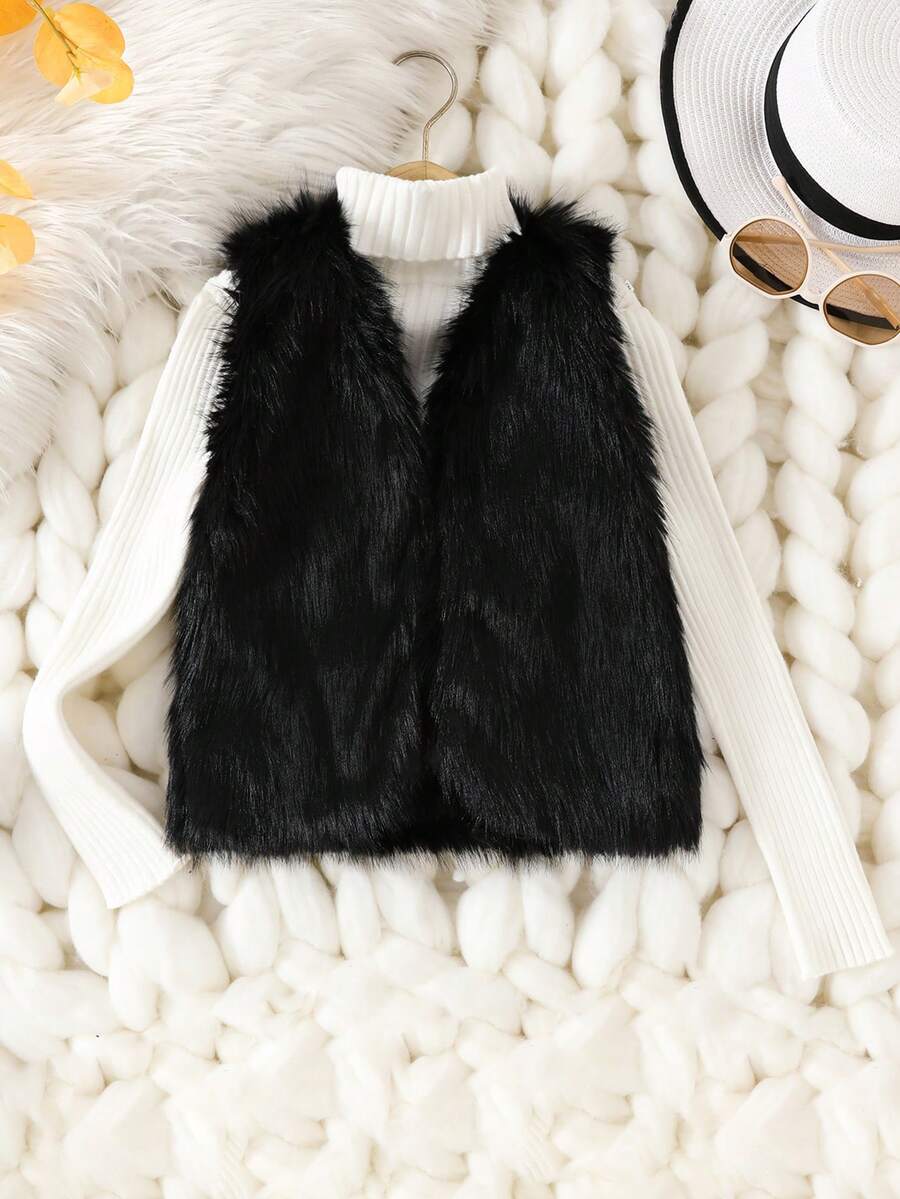 冬季少女蓬松背心，无袖纯色蓬松开衫，韩版时尚少女奢华外套，适合聚会和外出 - 黑色 - 查看 1