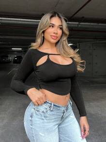 Zolique Women's Sexy Off Shoulder Solid Color Hollow Out Fitted Cropped Long Sleeve T-Shirt, Street Fashion Style