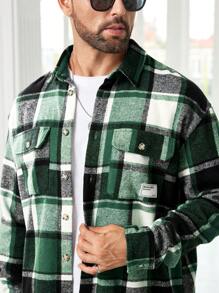 Manfinity VCAY Men's Casual Collegiate Style Loose Fit Woven Plaid Print Drop Shoulder Jacket, Autumn/Winter - Green - View 7