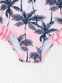 SHEIN Traje de baño de una pieza con estampado de palmeras, mangas largas, cierre y volantes para niñas pequeñas - Multicolor - Ver 3