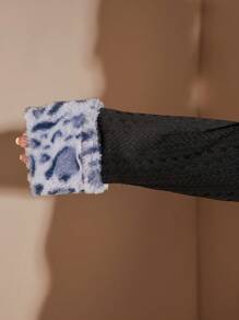 SHEIN BAE Plus Size Fall Sexy Sweet Hottie Black Knitted Texture Stitching Leopard Fur Long-Sleeved Cardigan Jacket, Suitable For Halloween Date And Daily Commuting