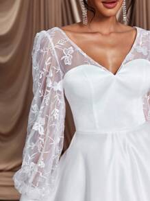 SHEIN Belle Elegant And Romantic White Mesh Embroidered V-Neck See-Through Puff Long-Sleeved A-Line Hem V-Shaped Backless Strap Suitable For Wedding Events, Dates, Bridal Shower Dress