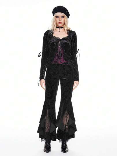 Sweetness Elegant Lace & Velvet Ladies Long Sleeve Sweetheart Neckline Top