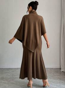 SHEIN Clasi Women Solid Color Turtleneck Sleeveless Top & Fitted Skirt Set, Elegant - Coffee Brown - View 2