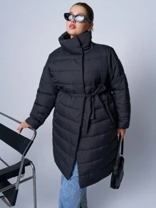 SHEIN EZwear Plus Size Mid-Length Plain Color Belted Long Sleeve Padded Coat, Autumn/Winter - Grey - View 1