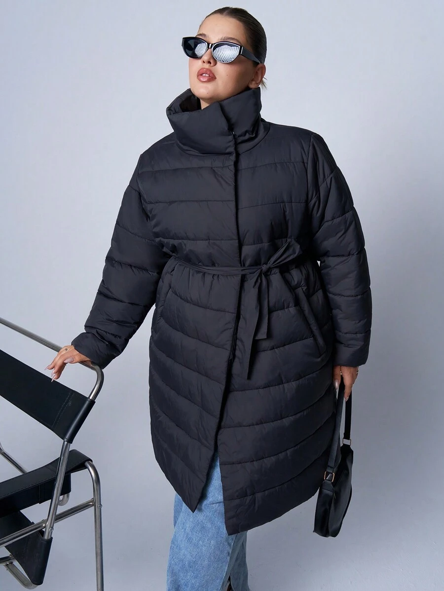 SHEIN EZwear Plus Size Mid-Length Plain Color Belted Long Sleeve Padded Coat, Autumn/Winter - Grey - View 1