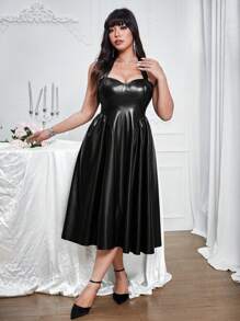 Allurite Plus Size Solid Color Tie-Side Ruched Flare Hem Sleeveless PU Midi Dress, For Winter