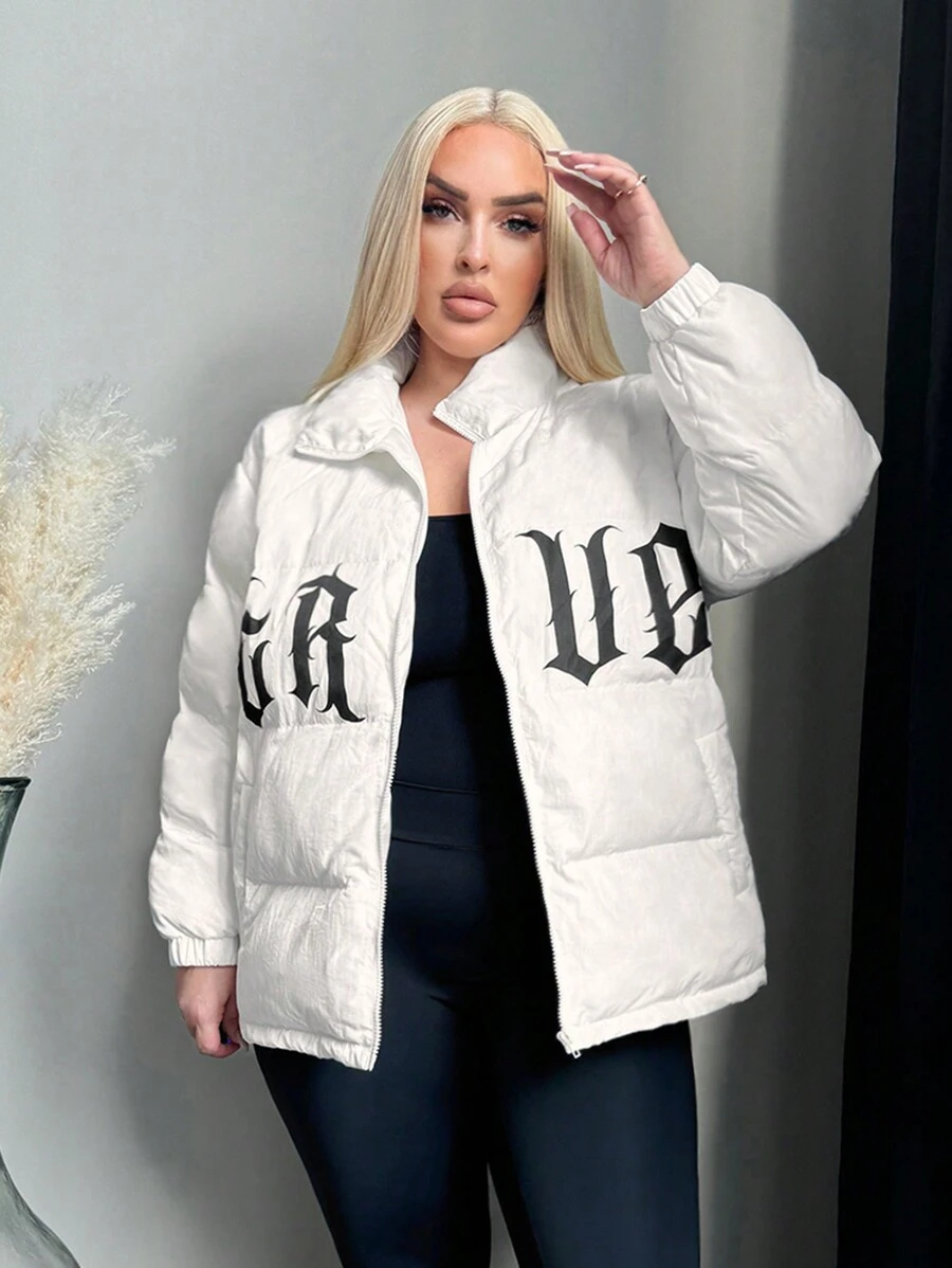 SHEIN SXY Plus Size Women Gothic Letter Print Coat, Warm For Autumn/Winter - Beige - View 1