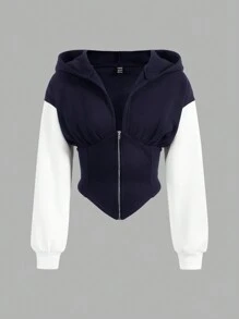 SHEIN EZwear 休闲拼色拉链抽绳连帽运动衫，秋冬 - 藏蓝色 - 查看 1