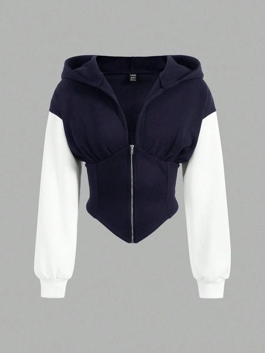 SHEIN EZwear 休闲拼色拉链抽绳连帽运动衫，秋冬 - 藏蓝色 - 查看 1
