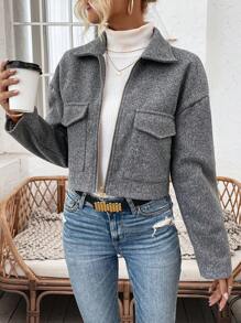 Pariaura 女士純色鬆弛口袋落肩羊毛外套 - 灰色 - 查看 3