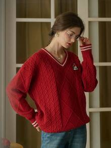 Simple Retro 女装秋冬休闲V领撞色麻面条纹章柴红优雅复古宽松长袖套头毛衣 - 紅色 - 查看 5