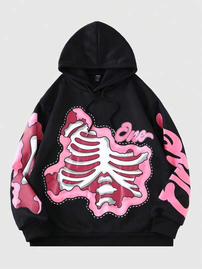 Street Life Sweat-shirt à capuche imprimé de squelette pour homme, streetwear