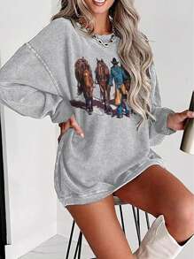 INAWLY Women's Fashion Casual Cartoon Pattern Crew Neck Dolman Sleeve Sweatshirt