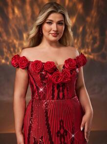 SHEIN Belle Plus Size Red Luxurious Sheer Sequin Off Shoulder Rose 3D Flower Elegant Cocktail Mini Dress, Wedding Guest Dress - Red - View 2