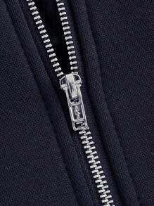 SHEIN EZwear 休闲拼色拉链抽绳连帽运动衫，秋冬 - 藏蓝色 - 查看 4