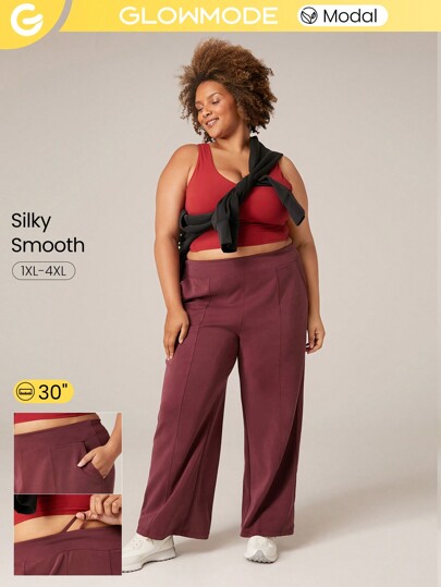 GLOWMODE Quần ống rộng Modal Plus Size có dây rút có thể điều chỉnh, cạp chun có túi bên hông, mặc hàng ngày thường ngày