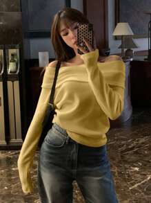 DAZY Women's Solid Color Open Shoulder Knit T-Shirt, Chocolate Brown, Spring/Summer/Autumn - Chocolate Brown - View 4