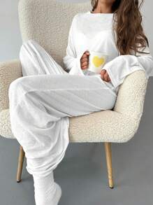 Aloruh 全新舒适面料百搭宽松套头 T 恤和松紧腰裤套装 - 白色 - 查看 9