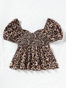SHEIN VCAY Slim Fit Women Vacation Chiffon Leopard Print Short Sleeve Shirt - Brown - View 2