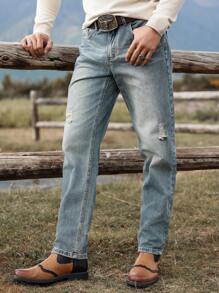 Manfinity Homme 男士基本款前扣口袋牛仔裤，日常休闲装，纯色修身长款水洗浅蓝色工装牛仔裤，适合送给丈夫、男朋友的礼物 - 藍色 - 查看 7