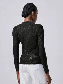 Chiquease 1 件女式纹理褶皱长袖 T 恤，黑色，针织纹理褶皱，常规版型，休闲通勤装 - 黑色 - 查看 2