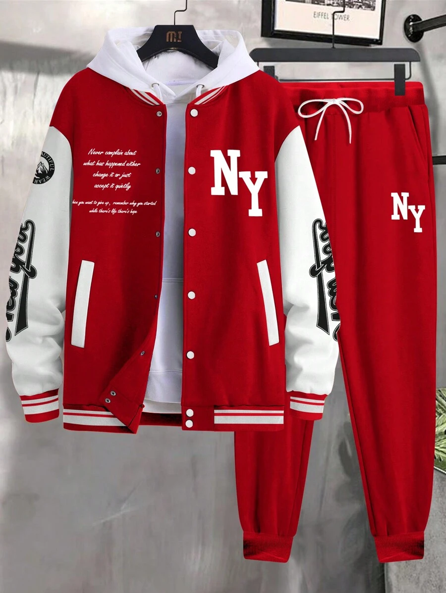 Manfinity Homme 2 pezzi Set di giacca da baseball e pantaloni casual da uomo con stampa di slogan e colore a contrasto, per l'autunno