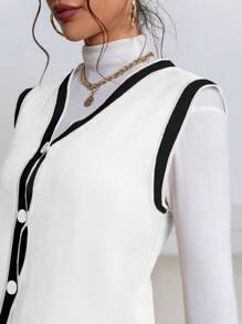 SHEIN Privé 女士纯色拼接前扣无袖休闲针织背心 - 白色 - 查看 5